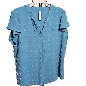 Women's Teal Green Blue Textured Polka Dot Flutter Sleeve Blouse Women's XXL